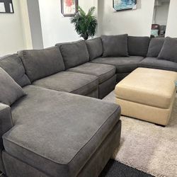 Furniture- 5 Pc Module Fabric Sectional With a Chaise- Radley