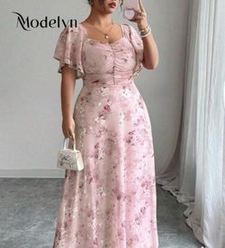 Modelyn Women's Chiffon Butterfly Print Batwing Sleeve Pleated Sweet French Style Summer Dress