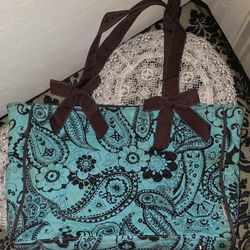 BELVAH QUILTED BOW BROWN TEAL TURQUOISE BLUE FLOWER PAISLEY SATCHEL DUFFEL DIAPER BAG TOTE PURSE