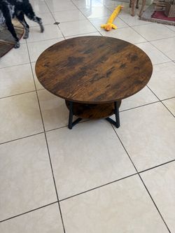 Round Rustic Farmhouse Coffee Table – Wood Top with Black Metal X-Base, 2-Tier
