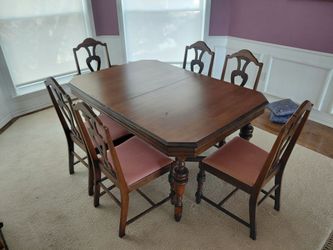 Antique Wood Dining Table with 6 Chairs