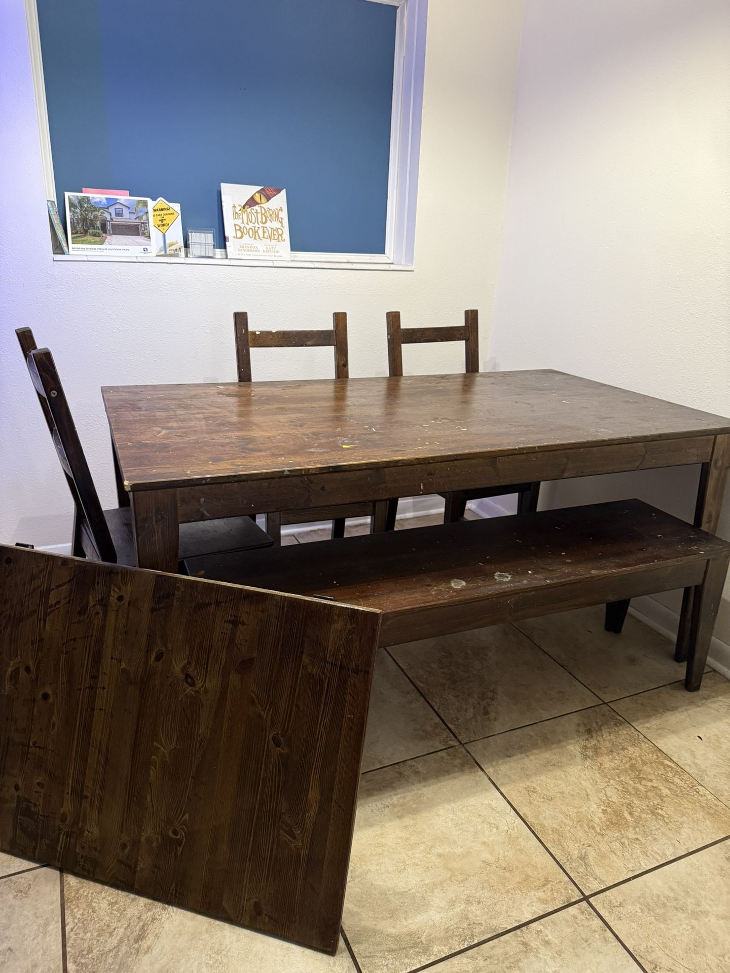 Solid Wood Dining Table Set – Needs Refinish