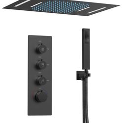 EVERSTEIN LED Thermostatic Dual Function Shower Head System Ceiling Mounted with Rough-in Valve in Matte Black SFS-1024-BK  