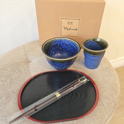 Brand New Blue Ceramic 4 Piece Japanese Dinnerware Set
