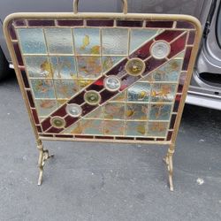 ANTIQUE BEAUTIFUL VICTORIAN JEWELED, LEADED, STAINED GLASS FIREPLACE SCREEN 