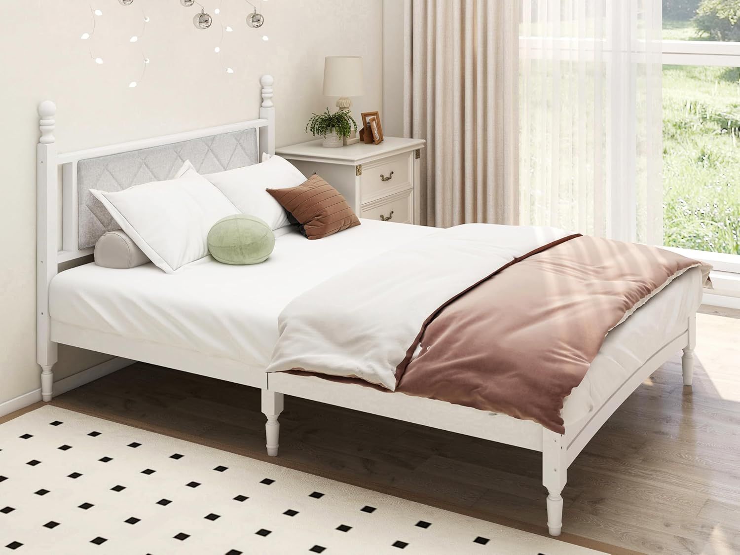Queen Bed Frame with Fabric Upholstered Headboard Solid Rubber Wood Foundation  White