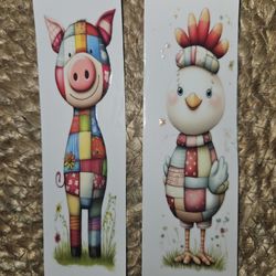 2 Stickers Bookmark Appliques Pig & Chicken 