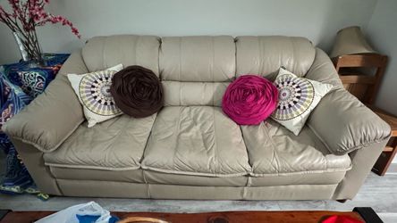 Beige Leather 3-Seat Sofa and Ottoman