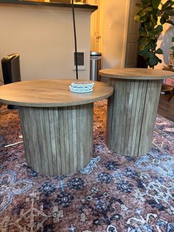Set of 2 Round Fluted Wood Nesting Tables – Modern Organic Coffee/Side Tables