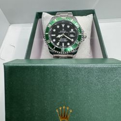 Brand New Black Face / Green Bezel / Silver Band Designer Watch With Box