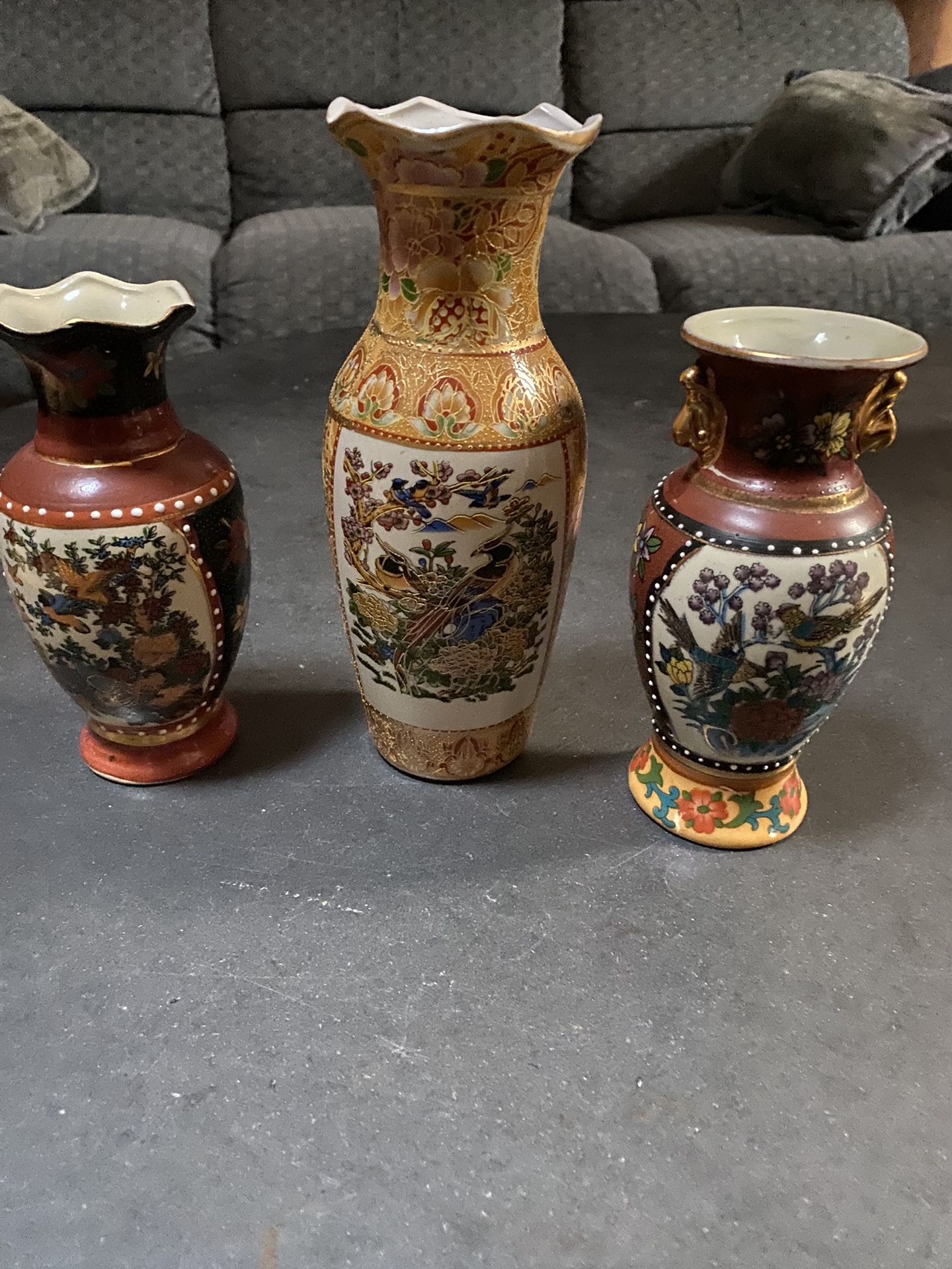 2 Vintage Porcelain Oriental Vases And 1 8”vase