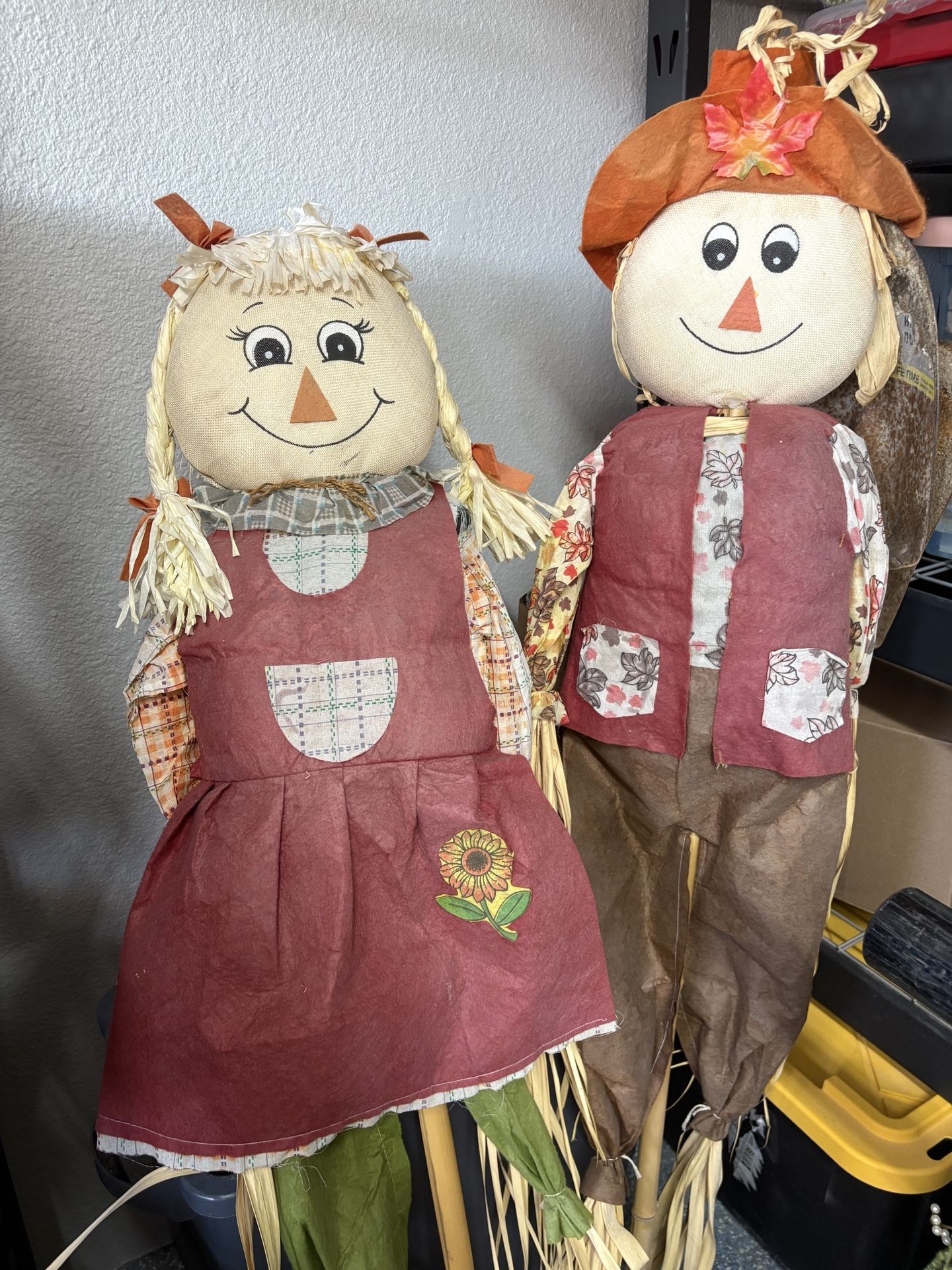 Large Fall Halloween Cornhusk Boy & Girl Lawn Decorations Vintage