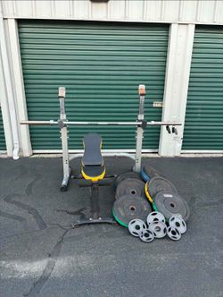 Bumper Weights Bar Squat Rack and Bench