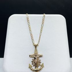 14k solid gold FIGARO three Golds  chain and anchor with Crusifix cross , necklance gold pendant