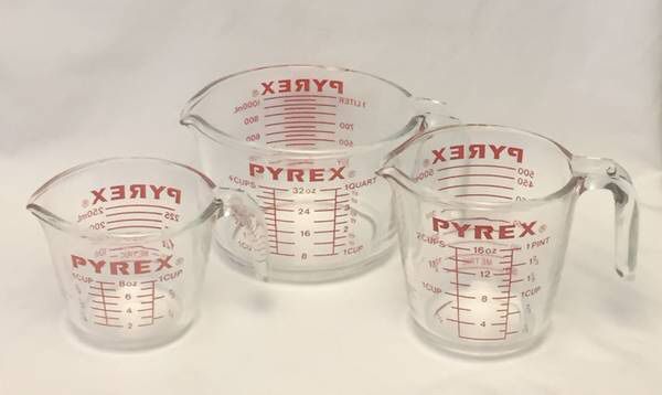Vintage Pyrex glass measuring cups set of 3 small medium large red graphics