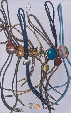Vintage Lot of 9 Metal Bolo Ties, Very Nice Different Designs, Turquoise, Rose, Masons, More, Nice Designs, Quality, Heavy Duty, Made in USA, Country 