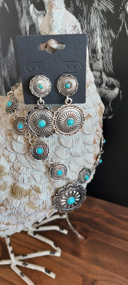 Floral Concho Turquoise Earrings And Necklace Fashion Southwestern Boho Jewelry