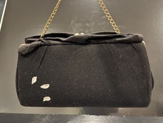 Vintage Black Fabric Clutch with Gold Tone Chain Clean Inside 10” wide x 5.5” high
