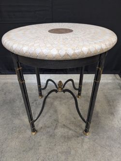 Handmade Geometric Inlay Accent Table with Wrought Iron Base