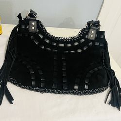 Black Suede and  Woven Shoulder Bag 