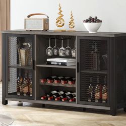 Industrial Wine Bar Cabinet, Rustic Coffee Cabinet for Liquor and Glasses, Farmhouse Home Dining, Kitchen Sideboard Buffet with Rack Storage, Dark Oak