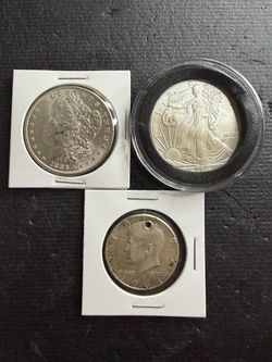 US silver coins bundle $1 ASE, $1 Morgan, and .50 Kennedy