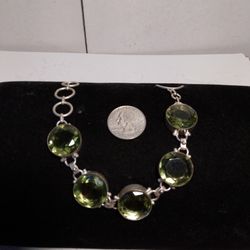 Indian Peridot  Round  Big Stone Stamped S925 Link Bracelet 6.5_8.5" 