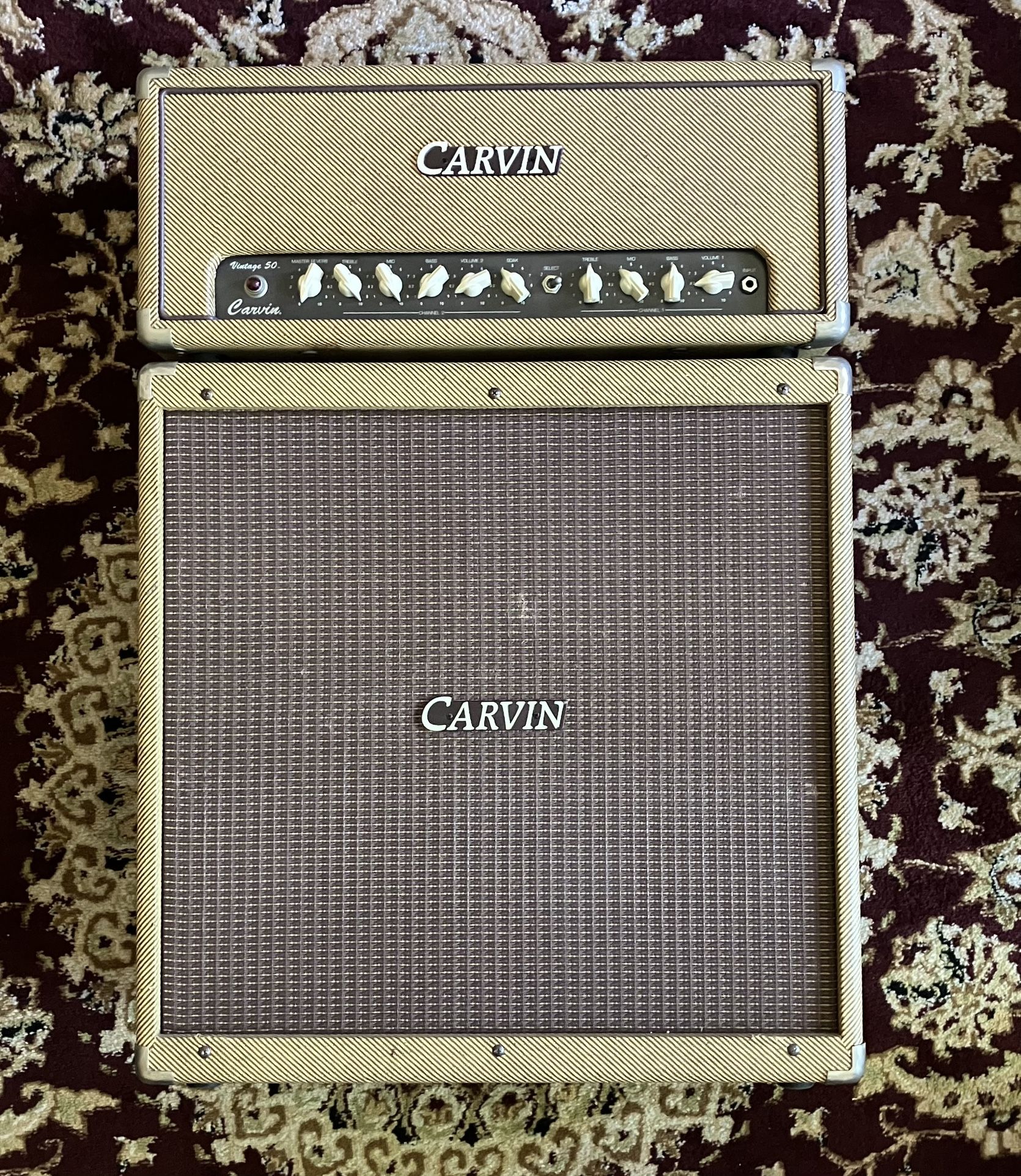 Carvin Vintage 50 Watt Guitar Head and matching 4x10 cab with Weber Blue Pup speakers. 1990s Tweed
