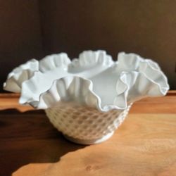 Vintage 1970s Fenton White Milk Glass Hobnail Ruffle Bowl