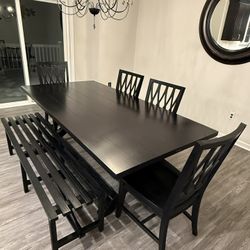 Black Dining Table Set With Bench and 4 Chairs