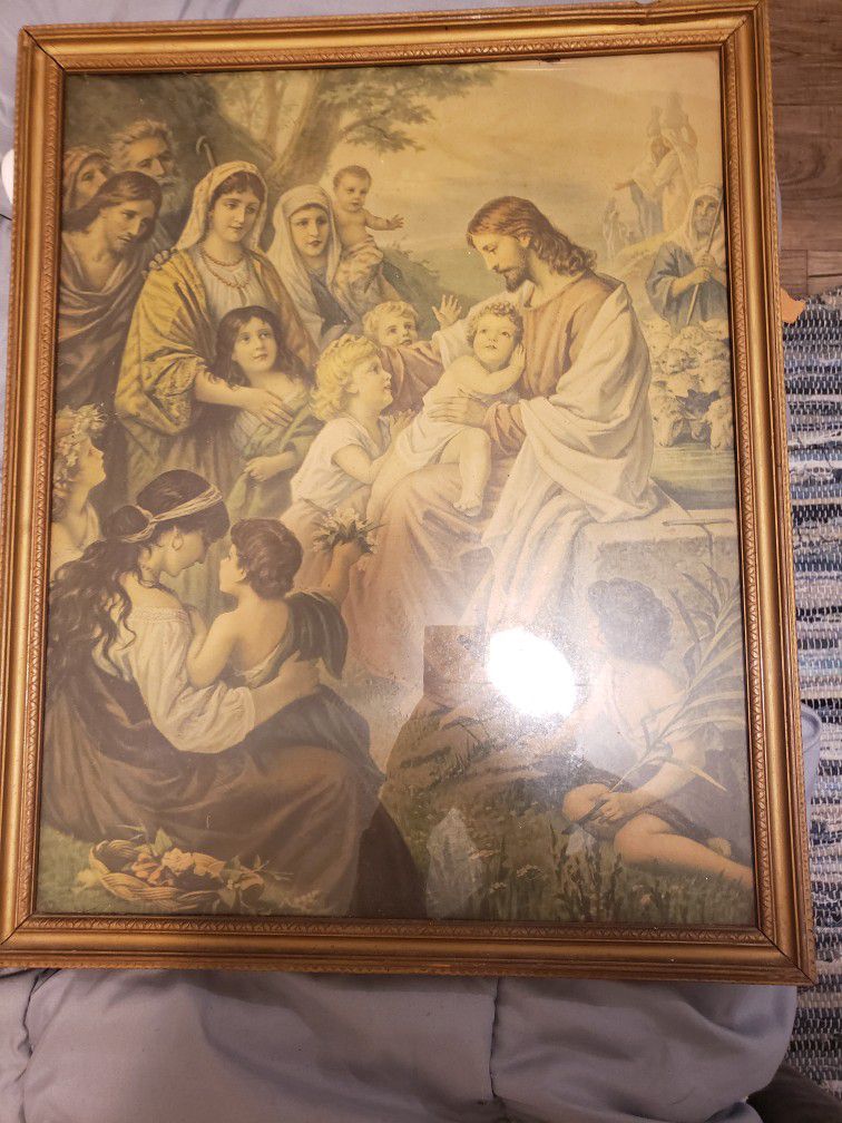 Antique Jesus With The Children Painting 