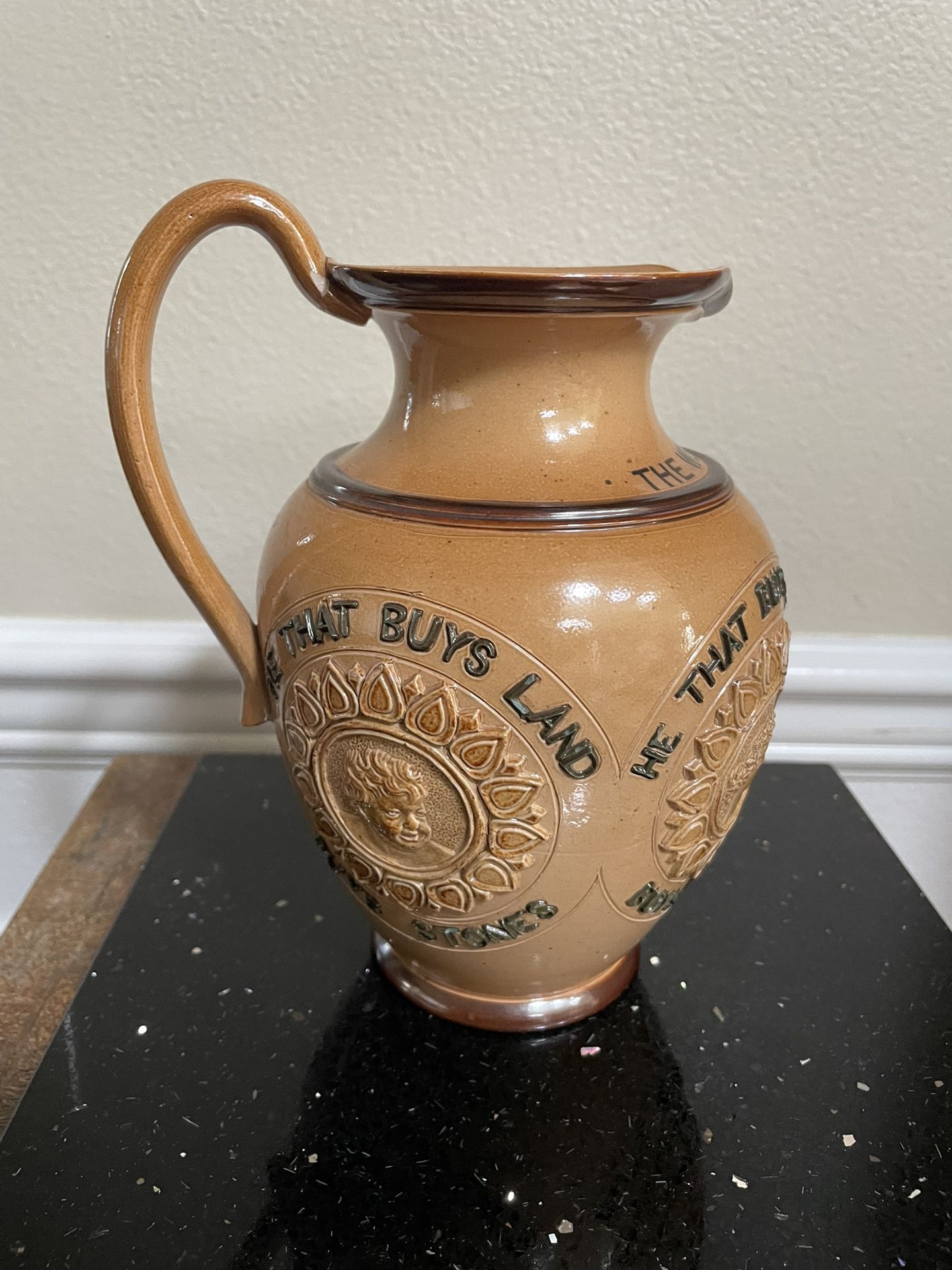 Antique Victorian Lambeth Doulton  English Stoneware Motto Jug 7”