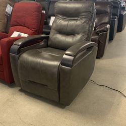 Grey Top Grain Leather Power Recliner With Headrest Adjustable 