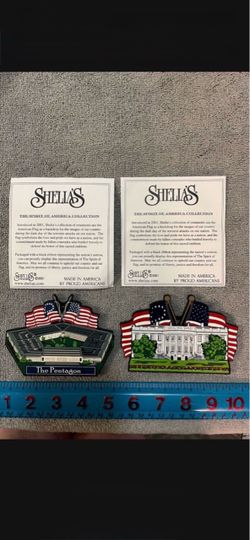 CA. WOOD ORNAMENTS . PENTAGON &  AMERICA THE BEAUTIFUL WITH FLAGS. $14.00 EACH.