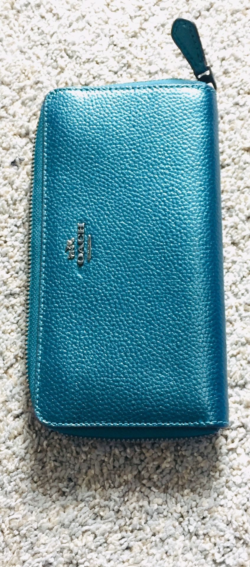 Coach Metallic teal pebble leather wallet 12 card slot