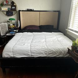 Queen Solid Wood Bedframe W/fabric Accent Headboard