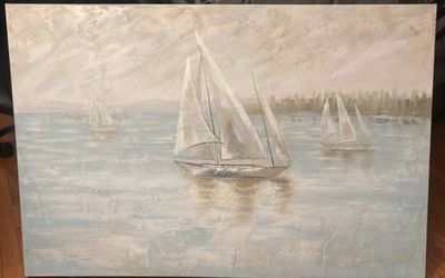 1 of 1 sail ship boat blue beige acrylic painting 47in × 31in