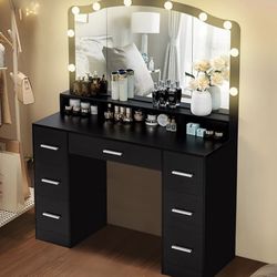 😀 usikey 43.3" Vanity Desk with Large Lighted Mirror, Makeup Vanity Table with 7 Drawers & 10 Lights Bulbs, 3 Lighting Colors, Make Vanity Desk