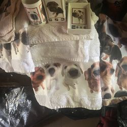 The dog to large towels three Hand  towels Shower curtain, cup, soap dispenser, soap dish