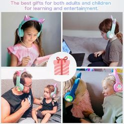 Cat Ear Kids Bluetooth Headphones with LED Light Up,Safe 85dB Volume Limit,Built-in Mic&Boom Mic for Calls,Kids Wireless&Wired Headphones for Tablet/A