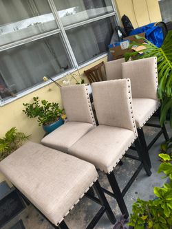 Tan Linen Upholstered Counter Height Bar Stools and bench chairs