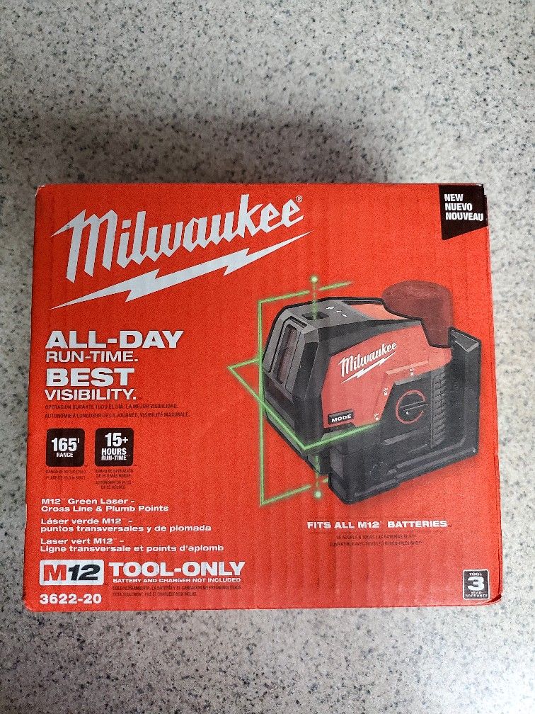 NEw, NUEVO, Never Been Used, Milwaukee
M12 12-Volt Lithium-Ion Cordless Green 125 ft. Cross Line and Plumb Points Laser Level (Tool-Only)
