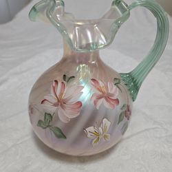 Fenton Iridescent Art Glass Ruffled Top Pitcher Hand Painted signed S Hopkins