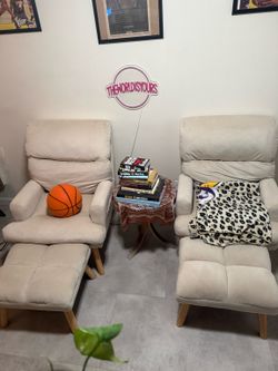 Pair of Beige Lounge Chairs w/ Matching Ottomans Upholstered Accent Chairs