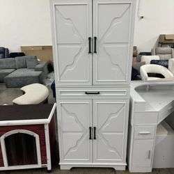 Farmhouse Kitchen Pantry Cabinet, 72" Height Tall Freestanding Cupboard with Sliding Storage Rack and 6 Hanging Shelves