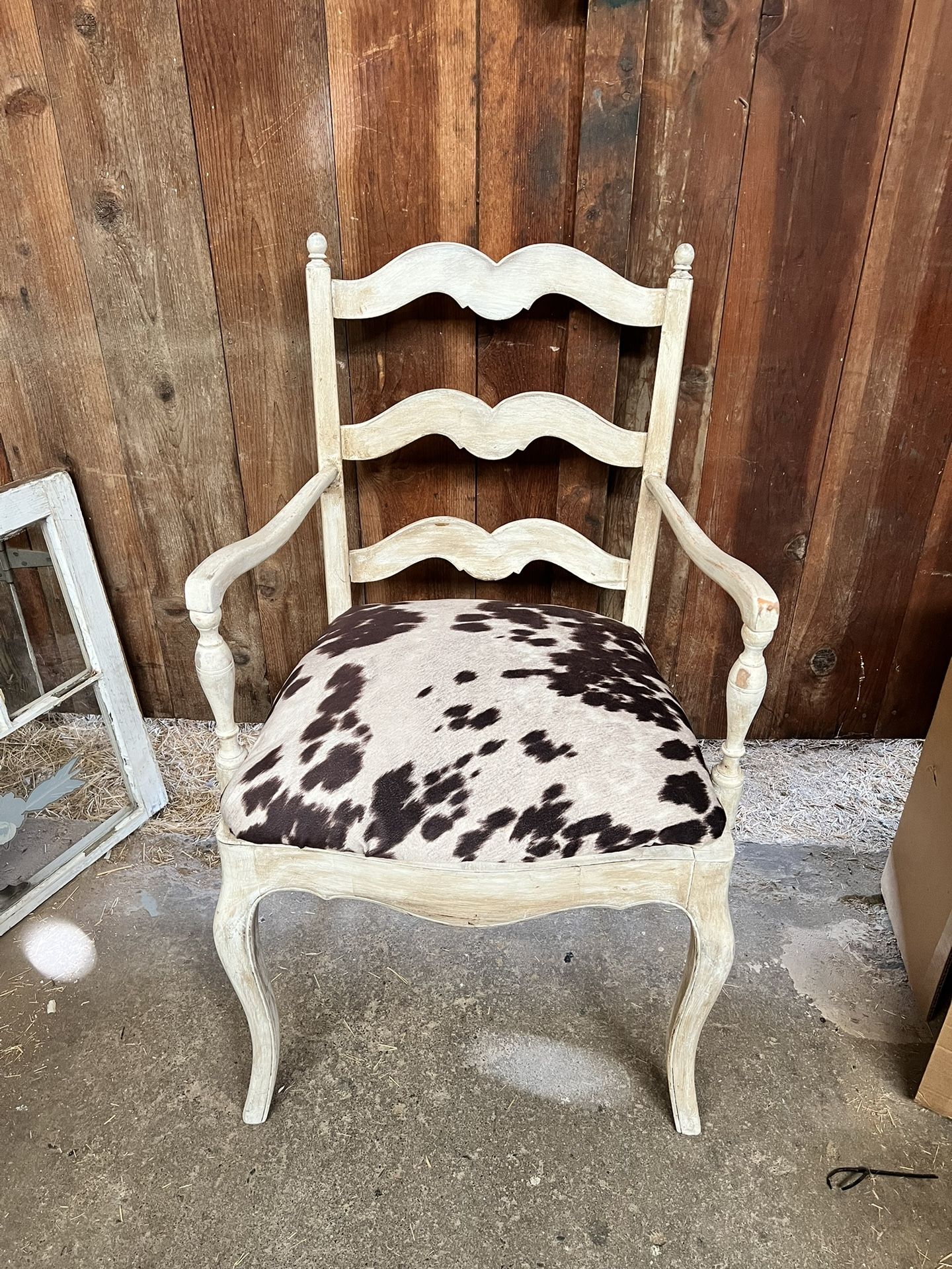 Vintage Rustic Chair With Faux Cow Hide Seat