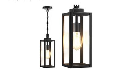 15'' Large Motion Sensor Outdoor Pendant Lights, With Dusk to Dawn Sensor Modern Outside Chandelier Outdoor Hanging Lantern with Clear Glass, Exterior