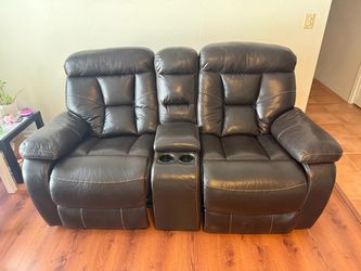 Dark Brown Leather Recliner Loveseat with Console