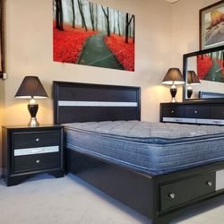 Regata Black Storage Platform Bedroom Set 4 PIECE. Queen bed Frame Dresser Mirror Nightstand 