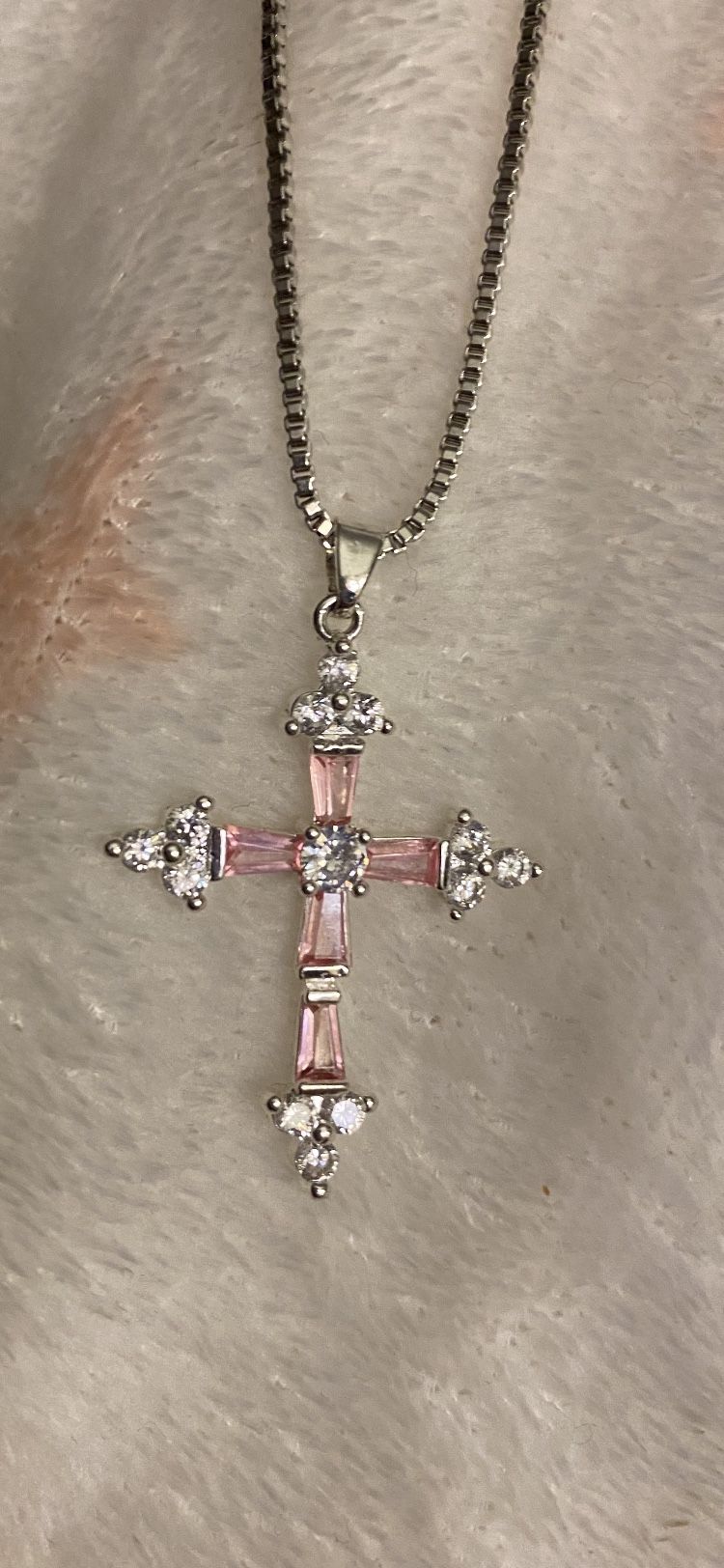 Gorgeous Brand New Religious 925 Sterling Silver  Pink Cross Necklace